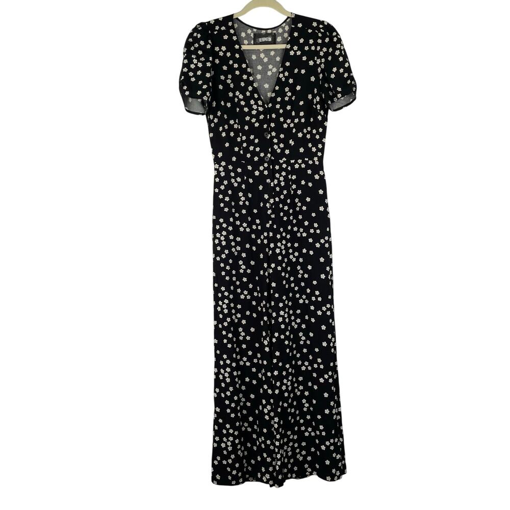 Reformation Black Floral Jumpsuit Wide Leg Button Up Women's Size 4 Prairie